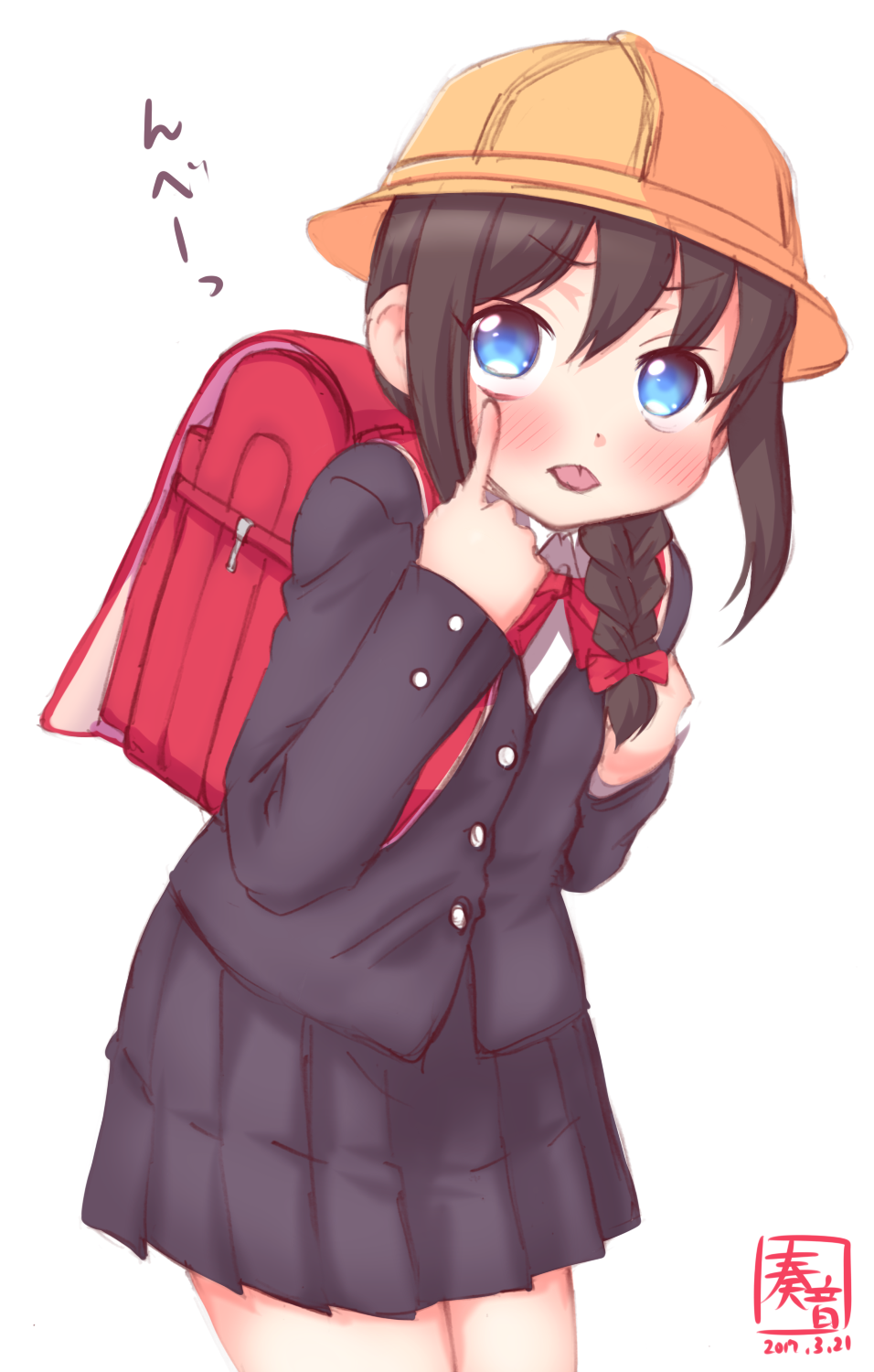 :p akanbe alternate_costume backpack bag black_hair blue_eyes blush braid commentary_request dated hair_over_shoulder hat highres kanon_(kurogane_knights) kantai_collection long_hair long_sleeves looking_at_viewer randoseru school_bag school_hat school_uniform shigure_(kantai_collection) signature single_braid skirt solo tongue tongue_out younger