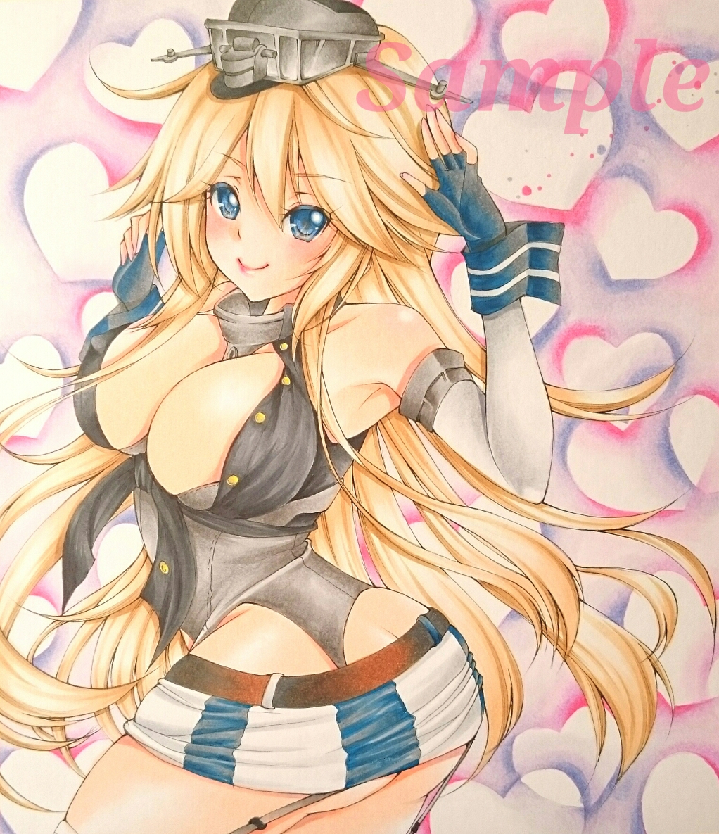 blonde_hair blue_eyes breasts cleavage fingerless_gloves front-tie_top garter_straps gloves hair_between_eyes iowa_(kantai_collection) kantai_collection looking_at_viewer looking_back miniskirt salute sample skirt star star-shaped_pupils striped striped_legwear symbol-shaped_pupils tama_(kkm11030611) thighhighs traditional_media vertical-striped_legwear vertical_stripes