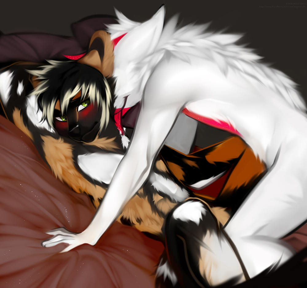 5_fingers african_wild_dog angiewolf anthro black_nose blush canine dog duo fur green_eyes licking lying male mammal nude on_back smile tongue tongue_out white_fur
