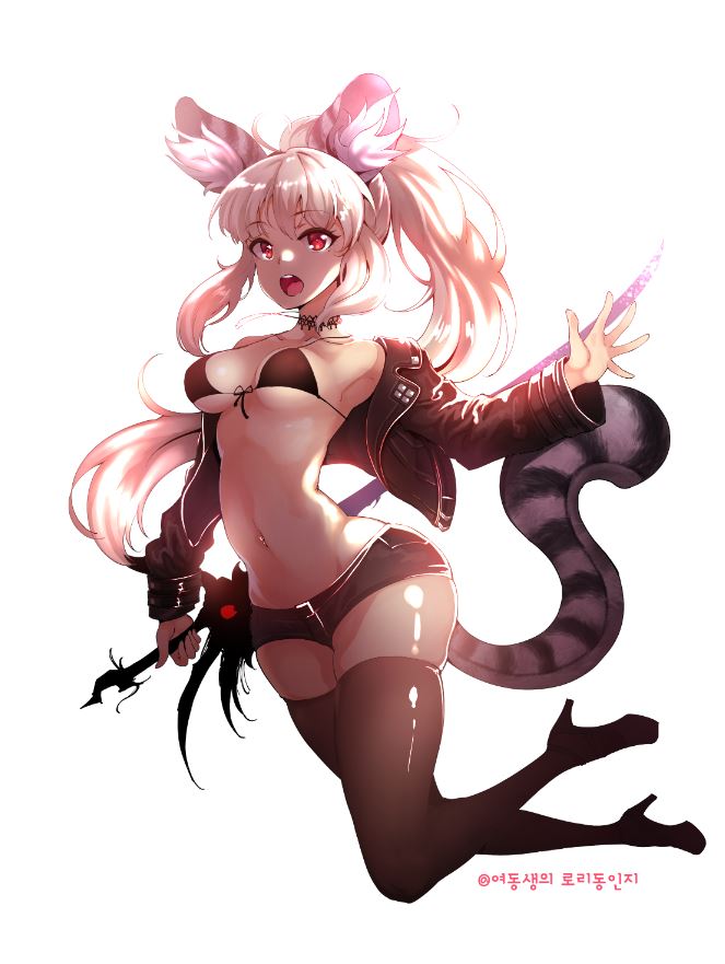 animal_ear_fluff animal_ears armpits bikini_top black_legwear blade_&amp;_soul blonde_hair breasts cleavage cropped_jacket high_heels jacket jewelry jumping korean long_hair lowleg lowleg_shorts lyn_(blade_&amp;_soul) medium_breasts navel necklace off_shoulder open_mouth outstretched_arms ponytail red_eyes shoes short_shorts shorts simple_background smd_(dsuz5554) solo sword tail thighhighs thighs tiger_ears tiger_tail very_long_hair weapon white_background