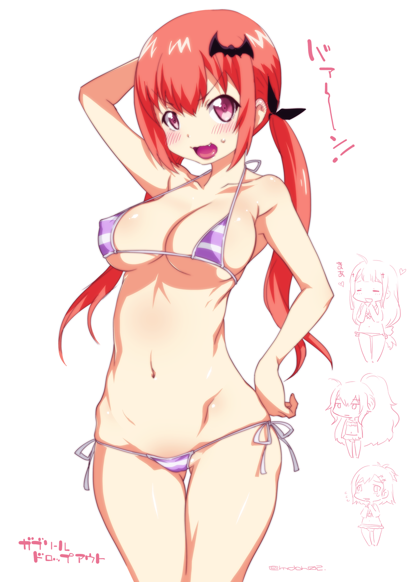 :d arm_up ass_visible_through_thighs bat_hair_ornament bikini blush breasts chibi chibi_inset cleavage copyright_name fang flying_sweatdrops gabriel_dropout groin hair_ornament hand_behind_head hand_on_hip highres hip_bones kurumizawa_satanichia_mcdowell large_breasts long_hair looking_at_viewer micro_bikini mudou_eichi multiple_girls open_mouth red_hair shiraha_raphiel_ainsworth sideboob simple_background smile solo_focus striped striped_bikini swimsuit tenma_gabriel_white thigh_gap thighs toned tsukinose_vignette_april twintails twitter_username underboob v-shaped_eyebrows