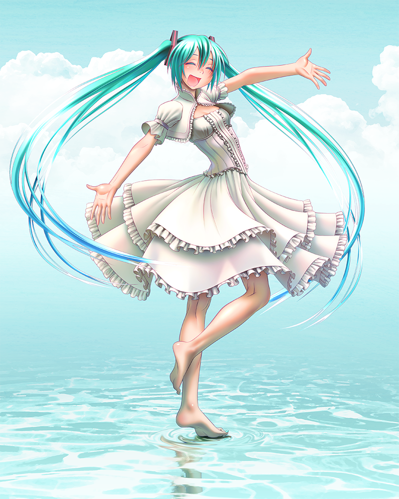 :d ^_^ aqua_eyes aqua_hair barefoot blush breasts closed_eyes cloud dress feet full_body hair_ornament happy hatsune_miku kneepits legs long_hair nail_polish open_mouth outstretched_arms outstretched_hand revision see-through_silhouette shiny shiny_skin small_breasts smile soles solo spread_arms standing standing_on_liquid standing_on_one_leg toenail_polish toenails toes twintails very_long_hair vocaloid water white_dress wokada