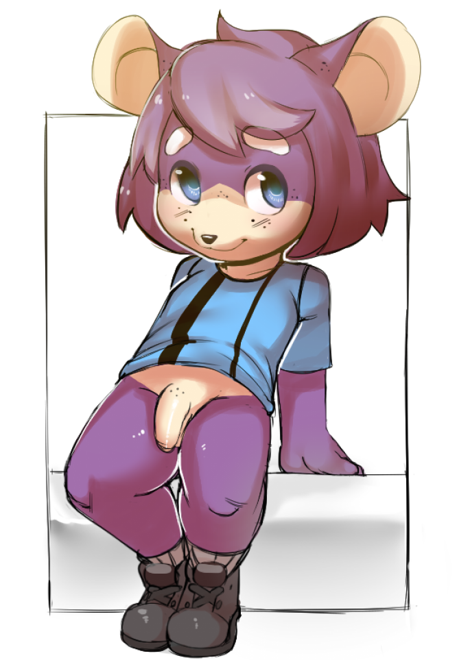 anthro black_nose blue_eyes blush bottomless child clothed clothing cub flaccid footwear fur hair humanoid_penis legwear male mammal mouse penis purple_fur purple_hair rodent shoes socks solo t-shirts tan_fur vikalh young