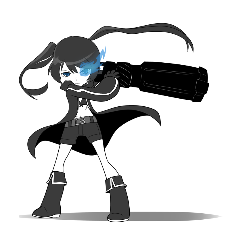 arm_cannon belt black_coat black_footwear black_rock_shooter black_rock_shooter_(character) blue_eyes boots burning_eye front-tie_top long_hair mary_cagle midriff monochrome navel scar serious short_shorts shorts solo spot_color twintails weapon