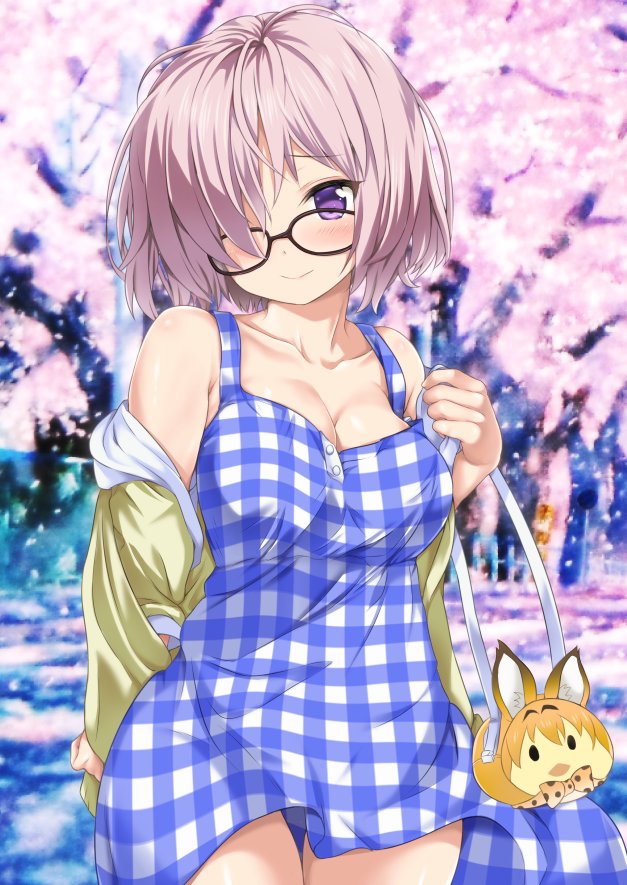 animal_ears bag bangs black-framed_eyewear blue_dress blush breasts character_doll cherry_blossoms closed_mouth commentary_request cowboy_shot dress fate/grand_order fate_(series) glasses hair_over_one_eye hand_up handbag holding holding_bag hood hoodie kemono_friends large_breasts lavender_hair looking_at_viewer mash_kyrielight nijimoto_hirok no_bra open_clothes open_hoodie outdoors plaid plaid_dress plump purple_eyes serval_(kemono_friends) serval_ears short_hair skirt skirt_lift smile solo themed_object white_dress wind wind_lift