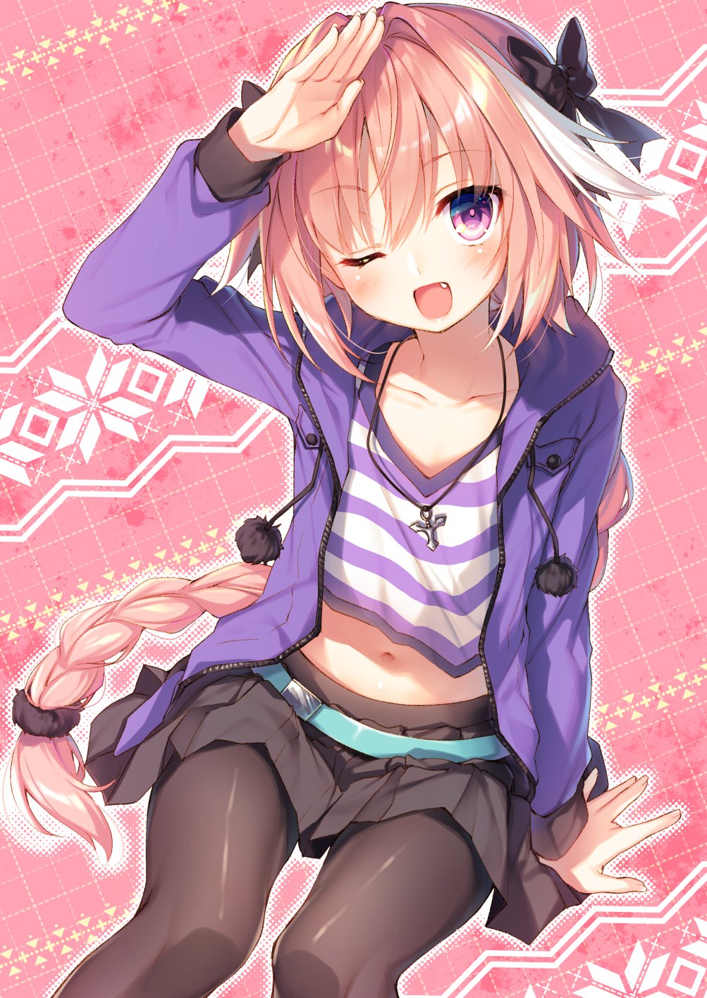 ;d arm_support astolfo_(fate) belt black_bow black_legwear black_skirt blush bow braid casual commentary_request cross cross_necklace fang fate/apocrypha fate_(series) hair_ribbon highres hood hooded_jacket jacket jewelry long_hair looking_at_viewer male_focus midriff navel necklace one_eye_closed open_mouth otoko_no_ko pantyhose pink_background pink_hair pleated_skirt pom_pom_(clothes) purple_eyes purple_jacket purple_shirt ribbon salute shirt single_braid skirt smile solo striped striped_shirt toosaka_asagi very_long_hair
