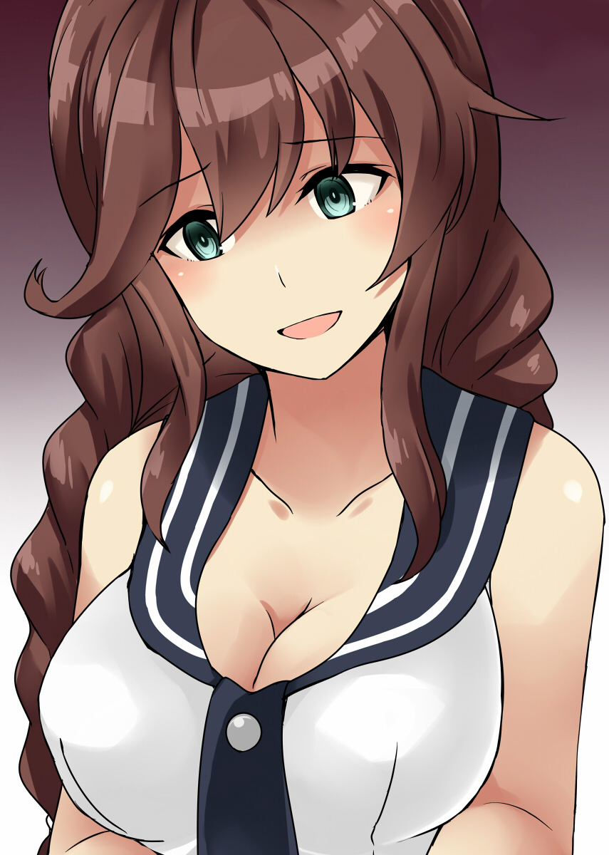 aqua_eyes bare_shoulders blush braid breasts collarbone dated eyebrows_visible_through_hair gradient gradient_background highres kamelie kantai_collection large_breasts long_hair looking_at_viewer noshiro_(kantai_collection) open_mouth shaded_face shiny shiny_hair solo tank_top twin_braids