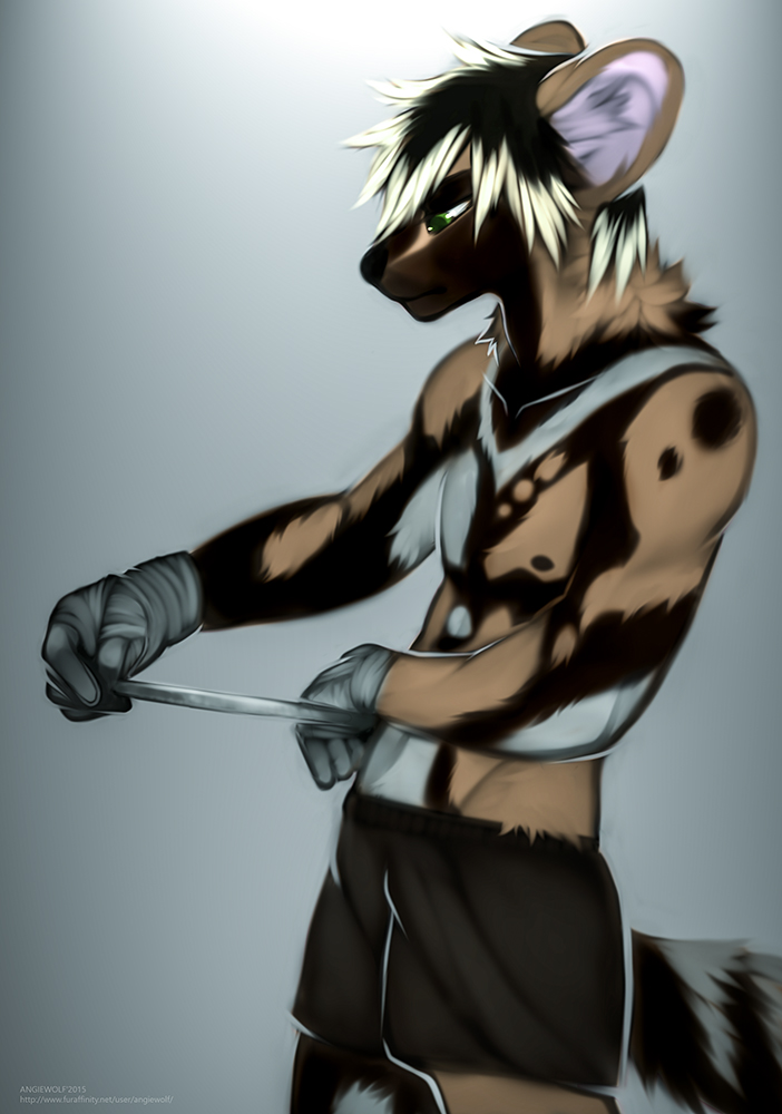 2015 african_wild_dog angiewolf anthro brown_fur canine fur green_eyes male mammal simple_background solo standing