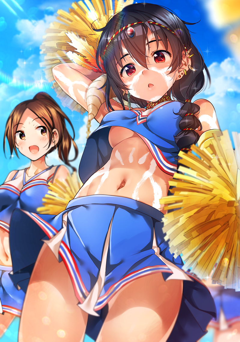 black_hair blush braid breasts brown_hair cheerleader cloud cloudy_sky commentary_request crop_top crop_top_overhang day ear_piercing headband lens_flare long_hair medium_breasts midriff multiple_girls navel open_mouth original piercing pom_poms rainbow red_eyes ryouma_(galley) skirt sky small_breasts smile sunlight tattoo tribal_tattoo underboob