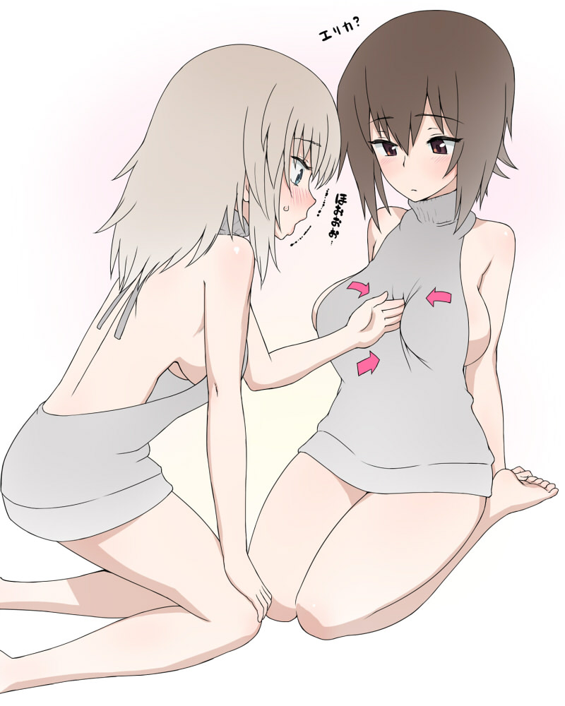 backless_dress backless_outfit bag bangs bare_back between_breasts blue_eyes blush breasts brown_eyes brown_hair dress girls_und_panzer grey_sweater hand_between_breasts itsumi_erika kneeling large_breasts looking_at_another medium_breasts meme_attire multiple_girls naked_sweater nishizumi_maho seiza short_hair sideboob silver_hair sitting sweatdrop sweater sweater_dress translated turtleneck turtleneck_sweater virgin_killer_sweater wata_do_chinkuru white_background