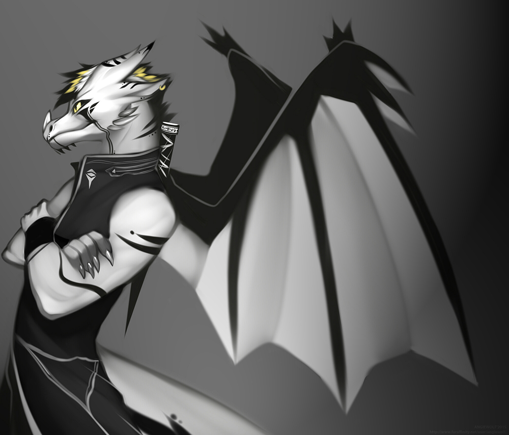 5_fingers angiewolf anthro clothed clothing dragon gradient_background male membranous_wings simple_background smile wings yellow_eyes