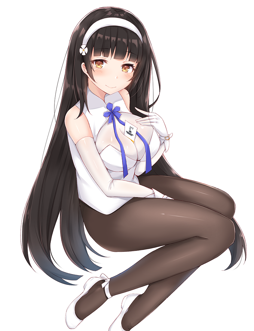 bangs between_breasts black_hair black_legwear blue_neckwear blunt_bangs breasts brown_eyes closed_mouth coffeedog cowboy_shot dress elbow_gloves eyebrows_visible_through_hair flower_ornament girls_frontline gloves hair_over_shoulder hairband headband hime_cut large_breasts leaning_forward lips long_hair looking_at_viewer miniskirt neckerchief pantyhose parted_lips pink_lips pleated_skirt qbz-95_(girls_frontline) simple_background sitting skirt sleeveless sleeveless_dress solo very_long_hair white_background white_dress white_gloves white_hairband