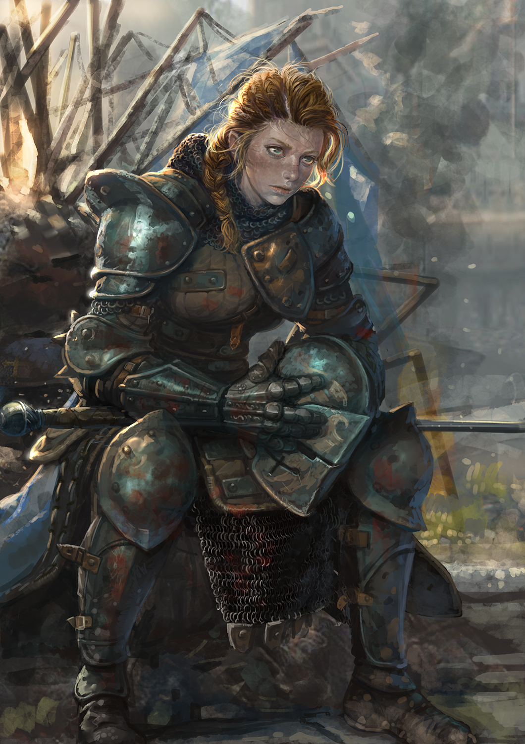 braid broadsword chainmail closed_mouth for_honor full_body green_eyes headwear_removed helmet helmet_removed highres holding holding_helmet kim_junghun knight lips looking_afar orange_hair outdoors plate_armor realistic sanpaku sitting smoke solo tent warden_(for_honor)