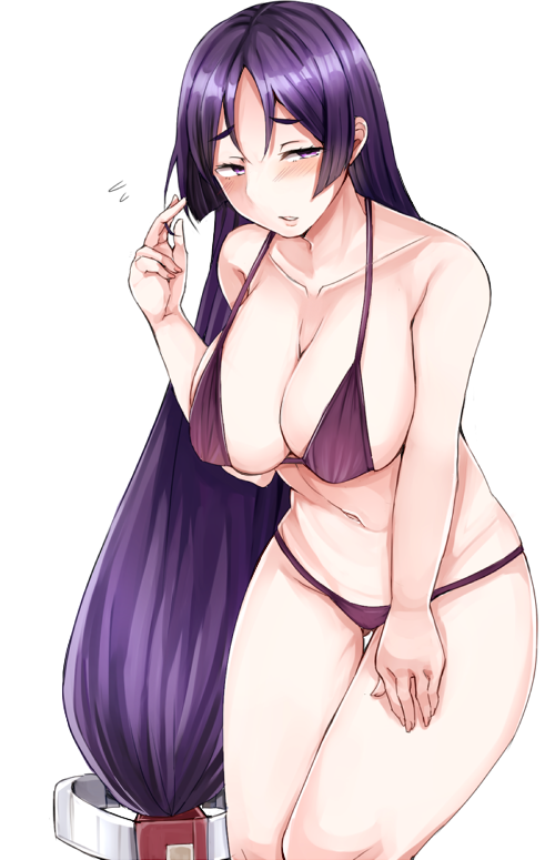 bikini breasts cleavage collarbone embarrassed fate/grand_order fate_(series) flying_sweatdrops full_body half-closed_eyes large_breasts leaning_forward lips long_hair looking_at_viewer low-tied_long_hair minamoto_no_raikou_(fate/grand_order) parted_lips purple_bikini purple_eyes purple_hair revision sabujiroko skindentation solo stomach swimsuit thigh_gap thighs very_long_hair
