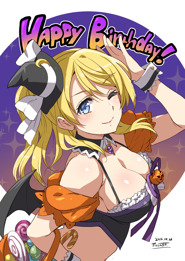 2016 ;) arm_up artist_name ayase_eli basket bat_wings blonde_hair blue_eyes breasts candy cleavage dated detached_collar detached_sleeves eyebrows eyebrows_visible_through_hair food from_side halloween halloween_costume happy_birthday hat inue_shinsuke large_breasts lollipop long_hair looking_at_viewer looking_to_the_side love_live! love_live!_school_idol_project mini_hat mini_witch_hat one_eye_closed ponytail smile solo wings witch_hat wrist_cuffs
