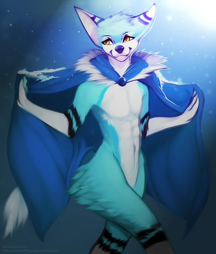 angiewolf anthro blue_fur cape clothing fur male mammal navel orange_eyes simple_background smile solo standing wide_hips