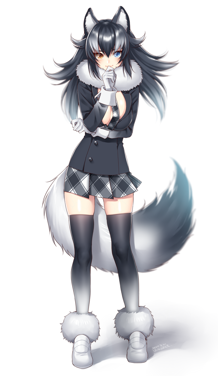 animal_ears black_jacket black_legwear breasts full_body fur_collar gloves grey_wolf_(kemono_friends) hattori_masaki heterochromia highres jacket kemono_friends large_breasts long_hair looking_at_viewer miniskirt multicolored_hair necktie open_clothes open_jacket pleated_skirt shiny shiny_skin simple_background skindentation skirt solo standing tail thighhighs two-tone_hair white_background white_gloves wolf_ears wolf_tail zettai_ryouiki