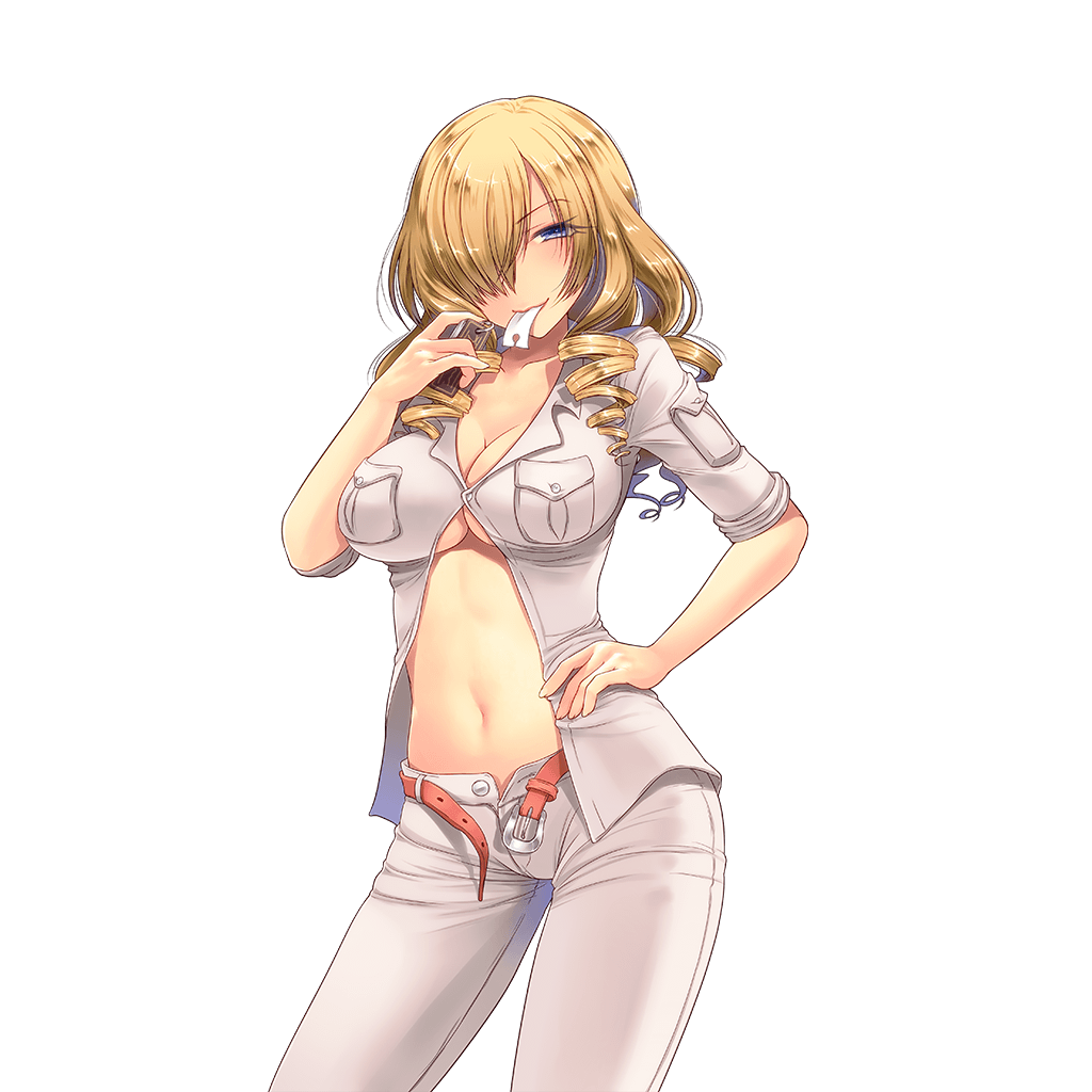 1girl bangs belt belt_buckle blonde_hair blue_eyes blush breast_pocket breasts buckle buttons cleavage collarbone cowboy_shot drill_hair drill_locks eyebrows_visible_through_hair eyelashes fingernails hair_over_one_eye hand_on_hip hand_up holding large_breasts legs_apart long_hair looking_at_viewer midriff mouth_hold navel no_bra open_clothes open_fly open_pants open_shirt oriana_thomason pants paper pocket shirt short_sleeves sleeves_rolled_up smile solo standing stomach to_aru_majutsu_no_index transparent_background uchi_no_hime-sama_ga_ichiban_kawaii unbuckled_belt unbuttoned unbuttoned_pants underboob white_pants