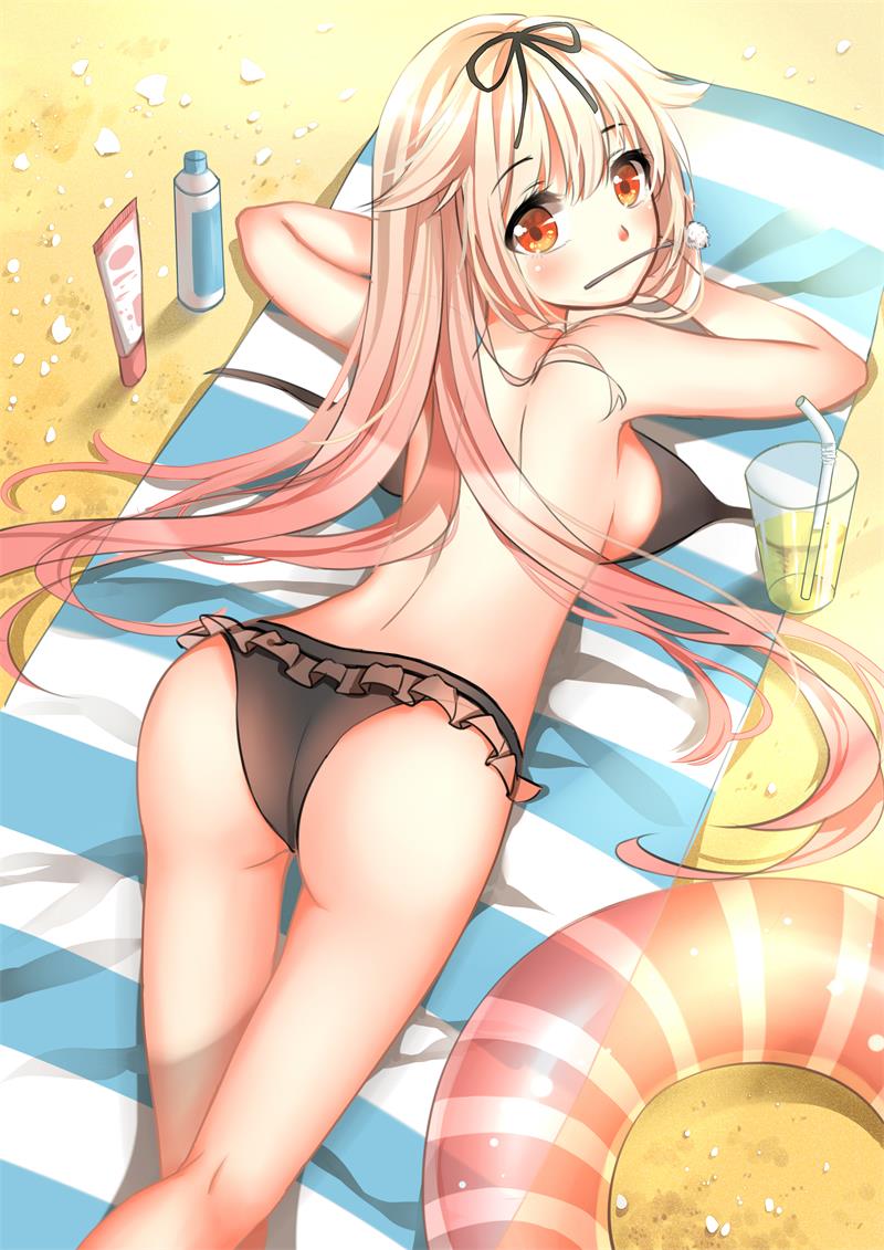 alternate_costume ass bikini black_bikini black_ribbon blonde_hair breasts fei_miao from_above gradient_hair hair_flaps hair_ornament hair_ribbon hairclip kantai_collection lifebuoy long_hair looking_at_viewer lying medium_breasts multicolored_hair on_stomach red_eyes red_hair remodel_(kantai_collection) ribbon solo straight_hair swimsuit thighs untied untied_bikini yuudachi_(kantai_collection)