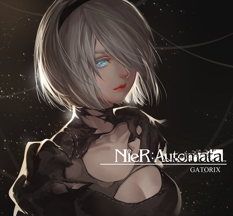 artist_name black_dress black_hairband blue_eyes breasts cleavage cleavage_cutout closed_mouth copyright_name dress eyelashes gatorix hair_over_one_eye hairband juliet_sleeves light_particles lips lipstick long_sleeves looking_at_viewer makeup medium_breasts mole mole_under_mouth nier_(series) nier_automata no_blindfold nose pink_lips pink_lipstick puffy_sleeves short_hair silver_hair solo torn_clothes torn_dress upper_body yorha_no._2_type_b