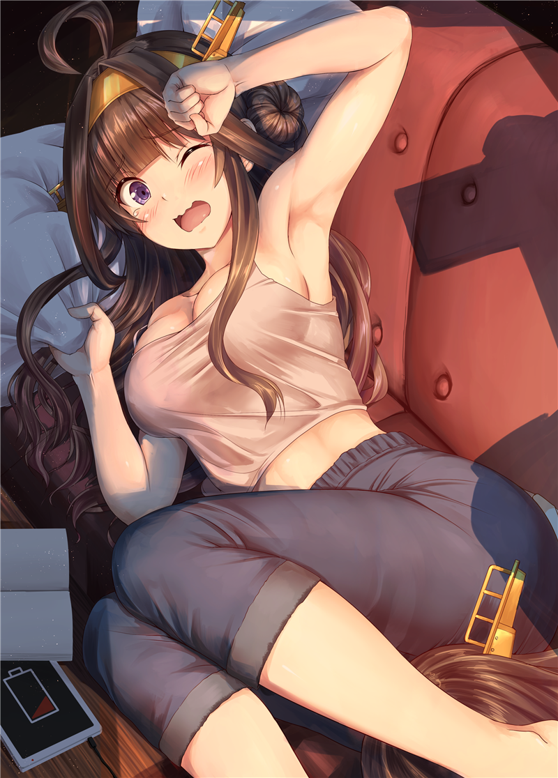 ahoge alternate_costume armpits bare_shoulders breasts brown_hair casual charging contemporary crop_top denim double_bun hairband headgear hiei_(kantai_collection) ichikawa_feesu jeans kantai_collection kongou_(kantai_collection) large_breasts long_hair looking_at_another lying midriff multiple_girls on_side one_eye_closed open_mouth pants purple_eyes remodel_(kantai_collection) silhouette t-head_admiral wavy_mouth