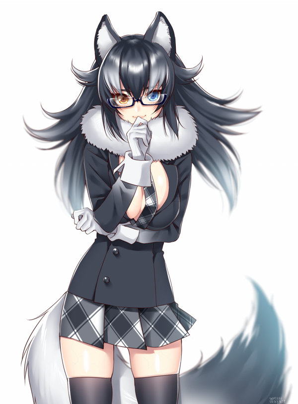 animal_ears black_jacket black_legwear breasts fur_collar glasses gloves grey_wolf_(kemono_friends) hattori_masaki heterochromia jacket kemono_friends large_breasts long_hair looking_at_viewer miniskirt multicolored_hair necktie open_clothes open_jacket pleated_skirt shiny shiny_skin simple_background skindentation skirt solo standing tail thighhighs two-tone_hair white_background white_gloves wolf_ears wolf_tail zettai_ryouiki