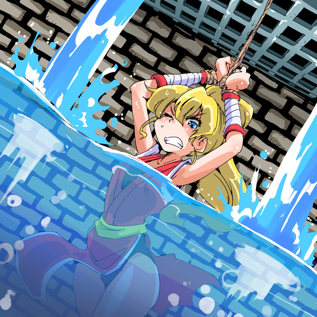 armpits arms_up bdsm blonde_hair blue_eyes blush bondage bound bound_arms breasts final_fight fingerless_gloves genryuusai_maki gloves long_hair ninja open_mouth partially_submerged peril ponytail shinapuu sleeveless small_breasts solo tied_up water