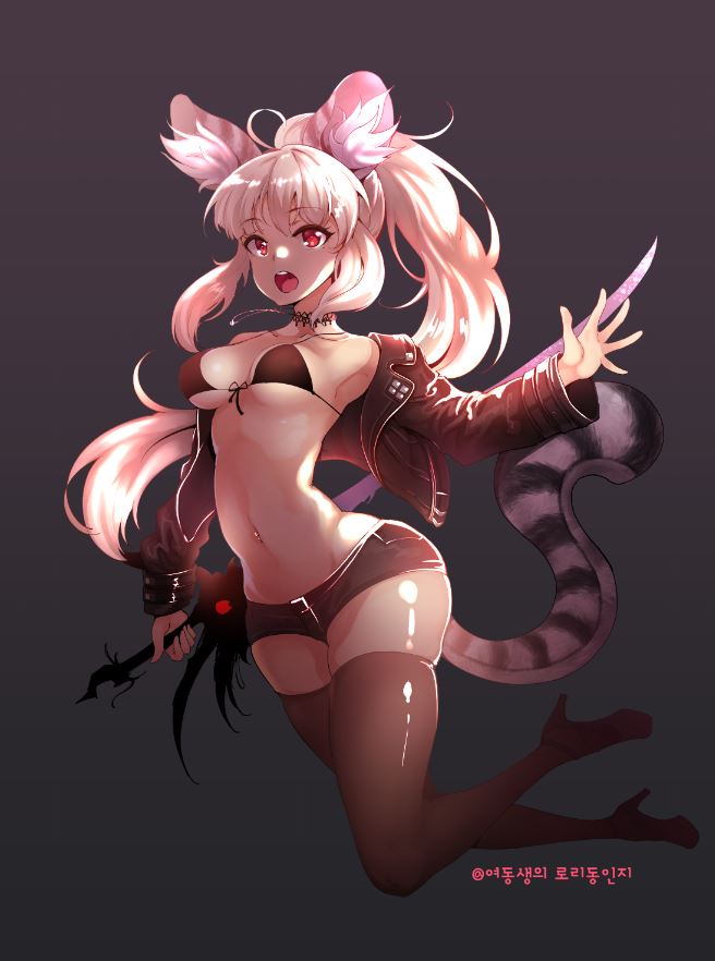animal_ear_fluff animal_ears armpits bikini_top black_legwear blade_&amp;_soul blonde_hair breasts cleavage cropped_jacket grey_background high_heels jacket jewelry jumping korean long_hair lowleg lowleg_shorts lyn_(blade_&amp;_soul) medium_breasts navel necklace off_shoulder open_mouth outstretched_arms ponytail red_eyes shoes short_shorts shorts simple_background smd_(dsuz5554) solo sword tail thighhighs thighs tiger_ears tiger_tail very_long_hair weapon