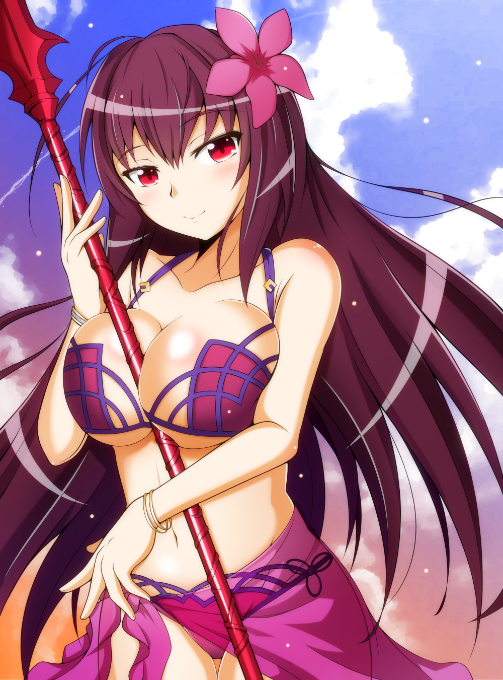 blush bracelet breasts bunny1219 fate/grand_order fate_(series) flower gae_bolg hair_flower hair_ornament hibiscus highres holding holding_weapon jewelry large_breasts long_hair looking_at_viewer polearm purple_hair red_eyes scathach_(fate)_(all) scathach_(swimsuit_assassin)_(fate) smile solo spear swimsuit weapon