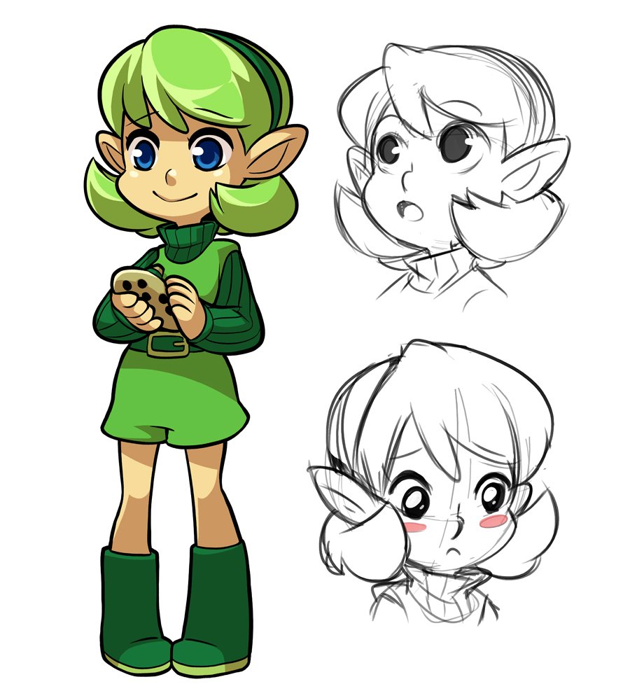 belt blue_eyes blush_stickers boots green_footwear green_hair green_hairband hairband instrument mary_cagle ocarina saria sketch smile solo the_legend_of_zelda the_legend_of_zelda:_ocarina_of_time turtleneck