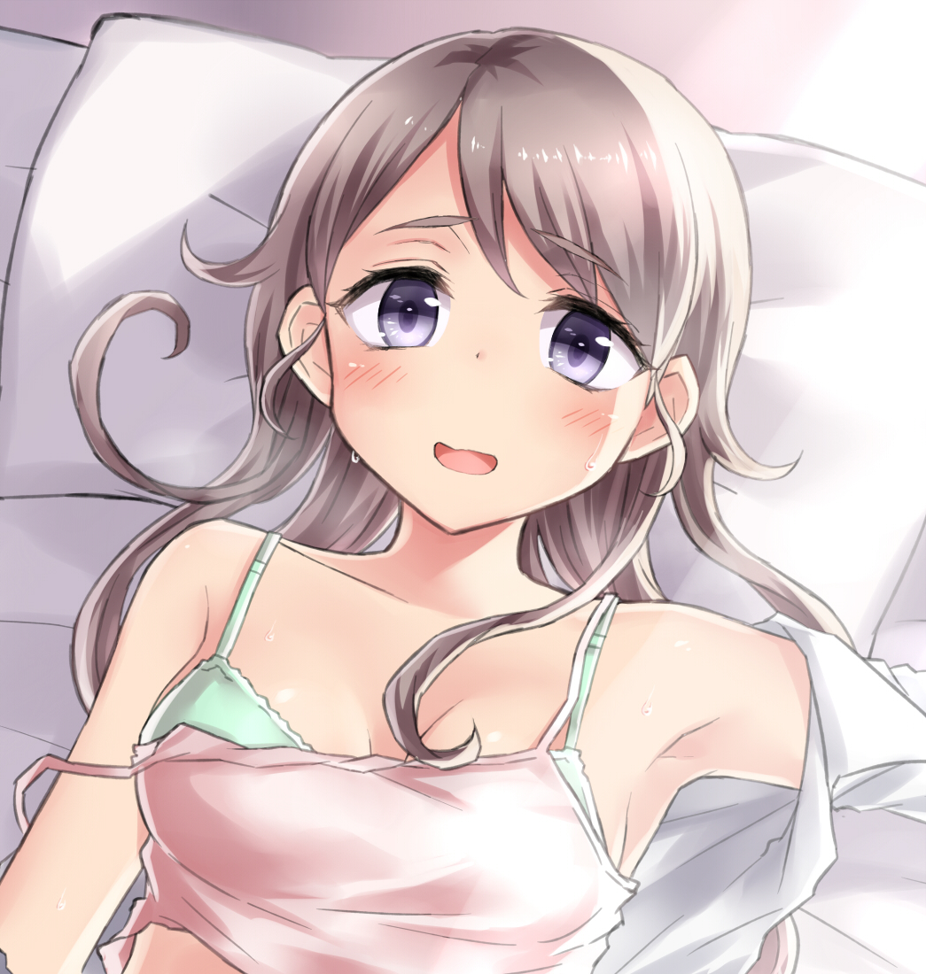 armpits bare_shoulders blush bra breasts camisole cleavage commentary_request green_bra light_brown_hair long_hair looking_at_viewer lying neit_ni_sei on_back on_bed open_clothes open_mouth open_shirt original pillow purple_eyes shadow shiny shiny_skin shirt sidelocks small_breasts smile solo sweat underwear upper_body