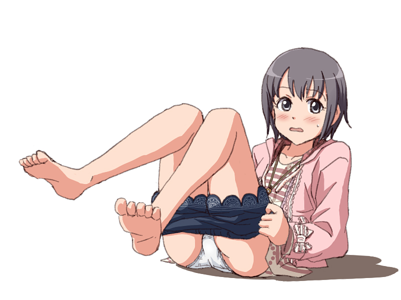 black_eyes black_hair blue_shorts blush cardigan commentary_request crotch_seam dressing embarrassed full_body hood hoodie idolmaster idolmaster_cinderella_girls jewelry lace-trimmed_shorts legs_up lielos long_sleeves looking_at_viewer lying necklace on_back open_cardigan open_clothes otokura_yuuki panties pantyshot pantyshot_(lying) parted_lips pink_shirt shirt short_hair shorts shorts_pull simple_background solo striped striped_shirt sweatdrop underwear white_background white_panties