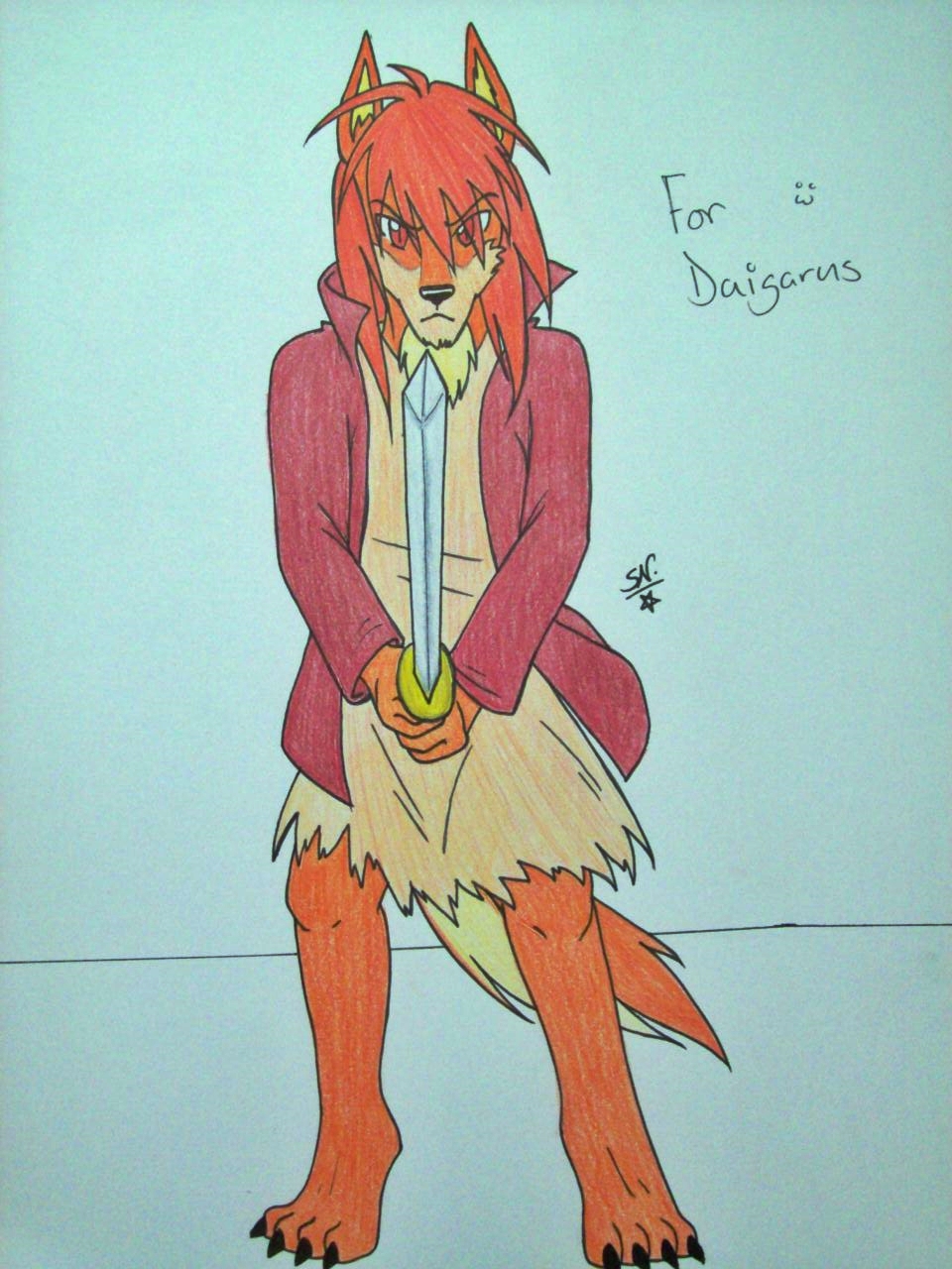 anthro canine clothing drawing fox front_view invalid_tag jacket lanzelot male mammal melee_weapon mothernoroi serious solo standing sword traditional_media_(artwork) tunic weapon