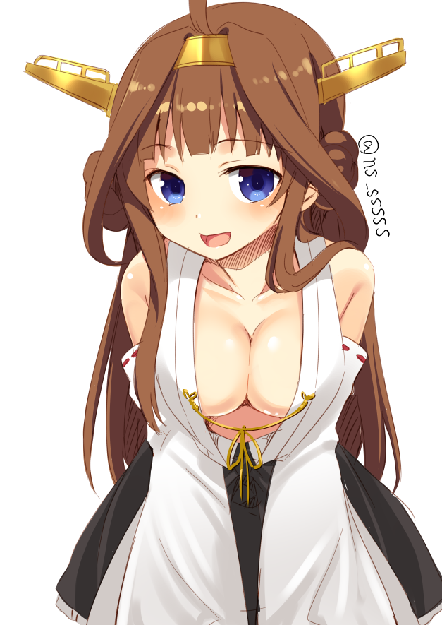ahoge bangs blue_eyes blush breasts brown_hair cleavage commentary_request detached_sleeves double_bun hairband kantai_collection kongou_(kantai_collection) large_breasts leaning_forward long_hair looking_at_viewer natsuki_shuri open_mouth remodel_(kantai_collection) ribbon-trimmed_sleeves ribbon_trim skirt smile solo twitter_username white_background