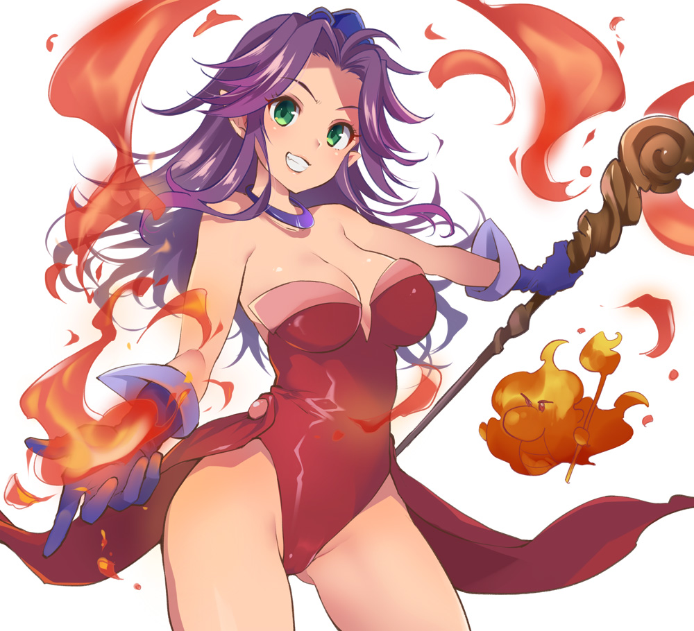 :d angela_(seiken_densetsu_3) ass_visible_through_thighs blue_ribbon breasts collarbone commentary_request contrapposto creature elbow_gloves fire flame floating gloves green_eyes grin hair_ribbon holding holding_staff large_breasts leotard long_hair looking_at_viewer open_mouth outstretched_arm plum_(arch) pointy_ears purple_gloves purple_hair red_leotard ribbon seiken_densetsu seiken_densetsu_3 simple_background smile solo staff standing strapless strapless_leotard teeth thighs v-shaped_eyebrows very_long_hair waist_cape white_background