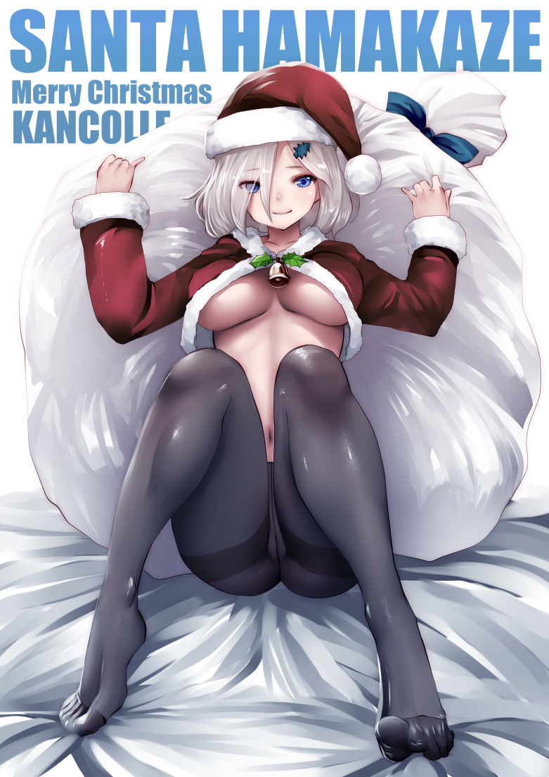 alternate_costume bed_sheet bell black_legwear blue_eyes breasts character_name closed_mouth commentary_request crotch_seam eyes_visible_through_hair feet full_body hair_ornament hair_over_one_eye hairclip hamakaze_(kantai_collection) hat kantai_collection knees_up large_breasts long_sleeves merry_christmas navel no_shoes pantyhose sack santa_costume santa_hat short_hair silver_hair sitting smile solo souryu stomach thighband_pantyhose toes underboob