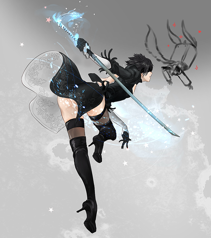 alternate_hair_color back_cutout black_dress black_footwear black_gloves black_hair black_legwear blindfold boots carbuncle_(final_fantasy) cleavage_cutout company_connection cosplay crossdressing dress feather-trimmed_sleeves final_fantasy final_fantasy_xv from_side full_body fusion gloves grey_background high_heel_boots high_heels holding holding_sword holding_weapon katana male_focus nier_(series) nier_automata noctis_lucis_caelum pod_(nier_automata) profile puffy_sleeves solo soto_(20151217337) square_enix sword thigh_boots thighhighs thighhighs_under_boots weapon yorha_no._2_type_b yorha_no._2_type_b_(cosplay)