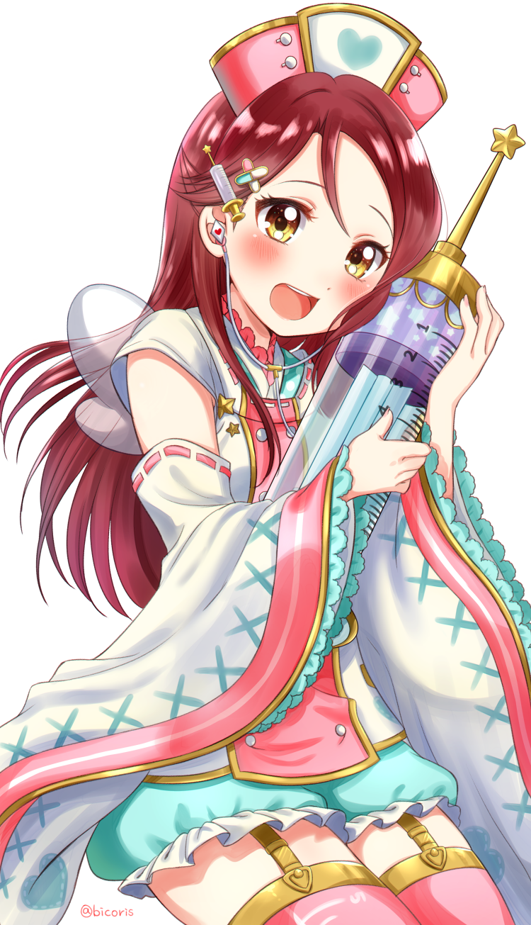:d bico_(bicoris) blush commentary_request detached_sleeves garter_straps hair_ornament hat heart highres long_hair looking_at_viewer love_live! love_live!_school_idol_festival love_live!_sunshine!! nurse nurse_cap open_mouth oversized_object red_hair ribbon-trimmed_sleeves ribbon_trim sakurauchi_riko sitting smile solo star stethoscope syringe syringe_hair_ornament thighhighs twitter_username wide_sleeves wings x_hair_ornament yellow_eyes