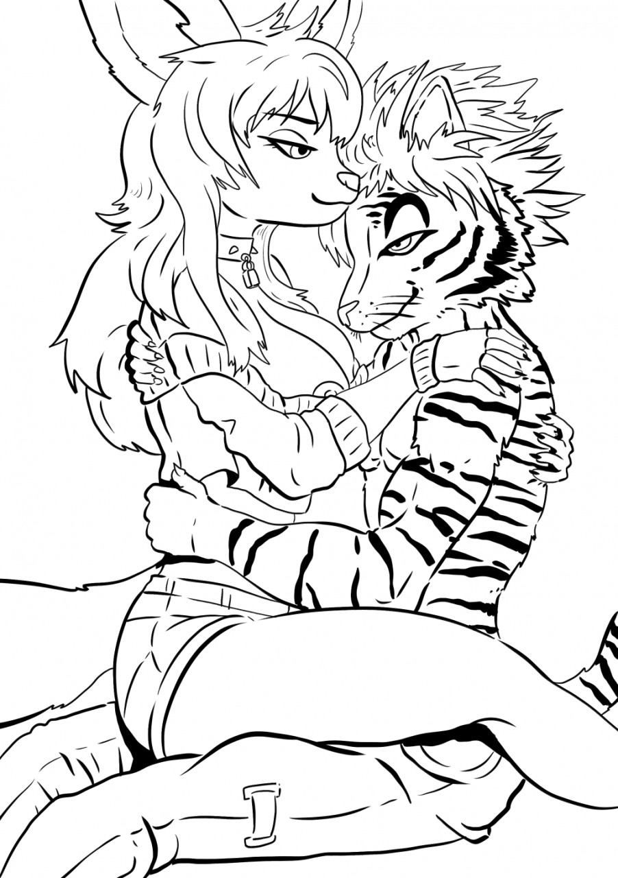 anthro breasts butt canine claws clothed clothing collar duo embrace feline female fox gloves hair long_hair male male/female mammal nipples punishedkom simple_background sketch smile spiky_hair stripes tiger