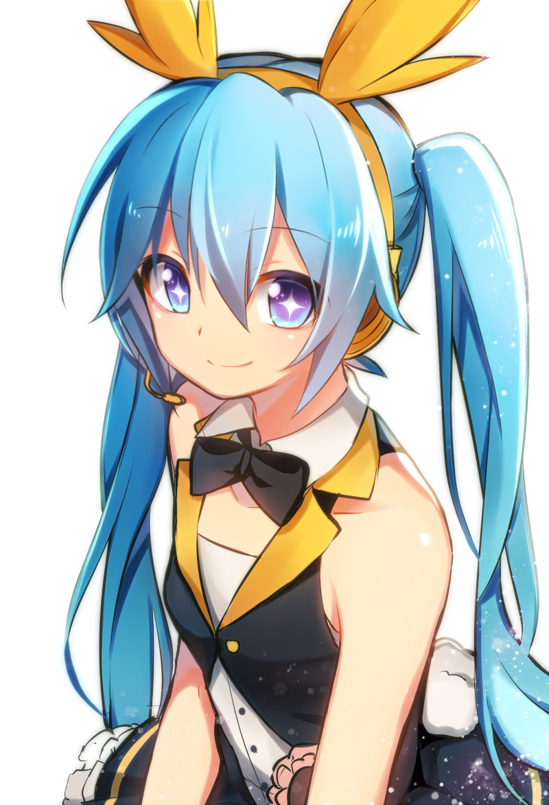 1girl bad_id bad_pixiv_id blue_eyes blue_hair bow bowtie hatsune_miku headset iruyu long_hair looking_at_viewer smile solo twintails upper_body vocaloid white_background