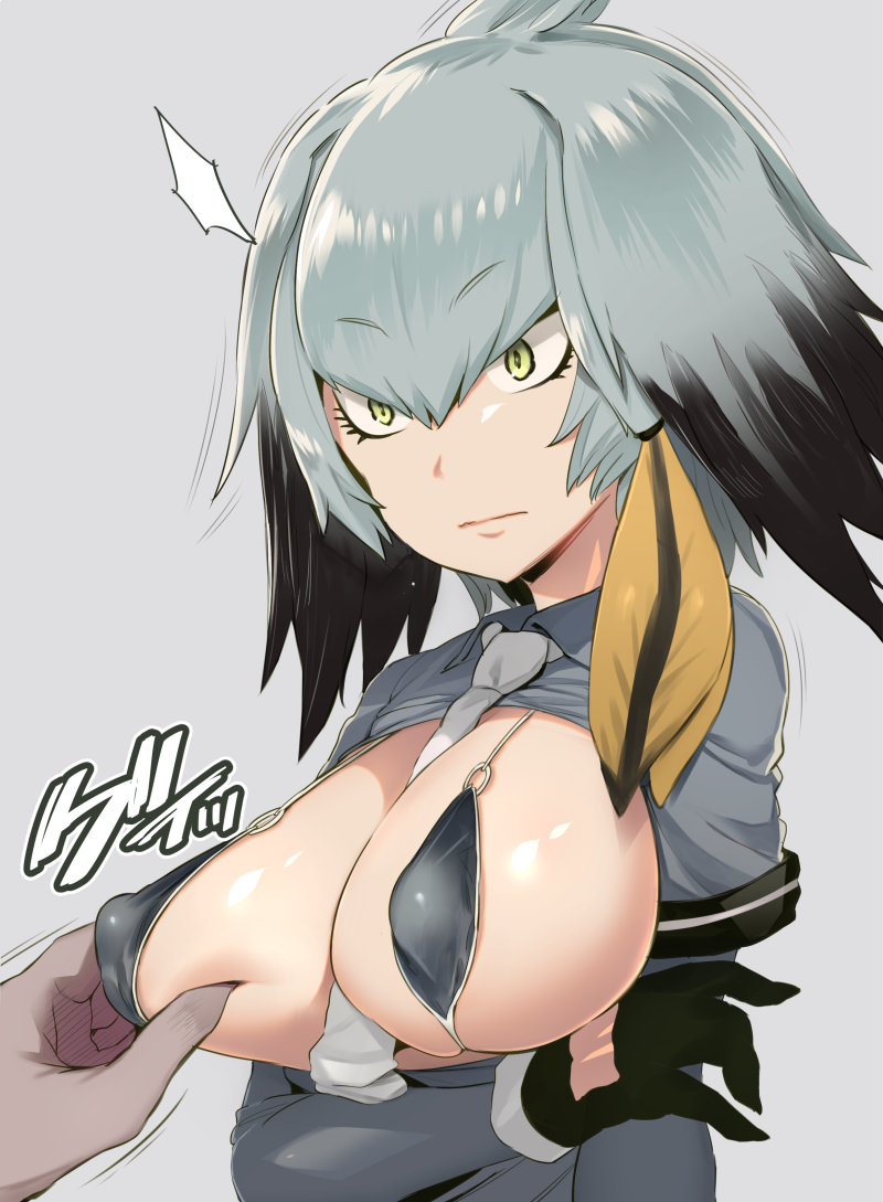1girl between_breasts bikini_top breast_squeeze breasts breasts_outside closed_mouth collared_shirt covered_nipples cropped_torso dark_skin dark_skinned_male eyebrows_visible_through_hair eyelashes gloves green_eyes grey_background hair_between_eyes hands head_wings kemono_friends large_breasts low_ponytail micro_bikini_top multicolored_hair necktie necktie_between_breasts noripachi shiny shiny_hair shiny_skin shirt shoebill_(kemono_friends) short_sleeves silver_hair simple_background solo_focus staring upper_body wavy_mouth white_neckwear