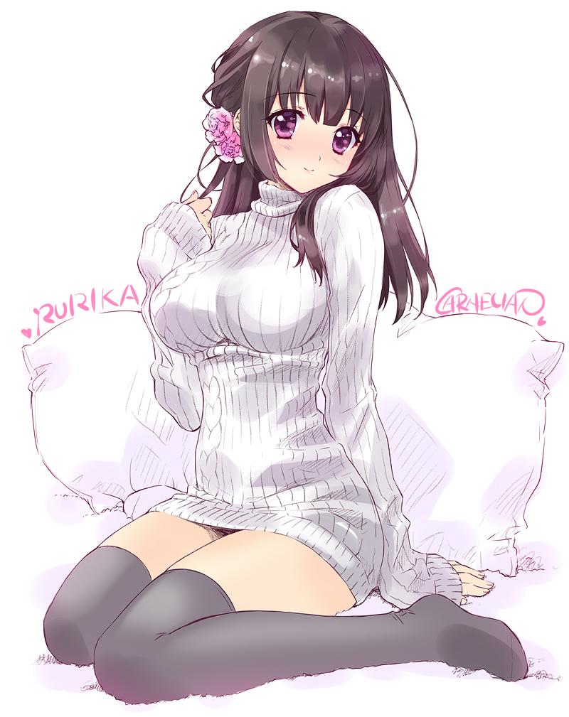 aran_sweater artist_name black_legwear blush breasts brown_hair carnelian character_name flower hair_flower hair_ornament large_breasts long_hair long_sleeves looking_at_viewer no_pants no_shoes original pillow purple_eyes ribbed_sweater rurika_(carnelian) signature simple_background sitting smile solo sweater thighhighs turtleneck turtleneck_sweater wariza zettai_ryouiki