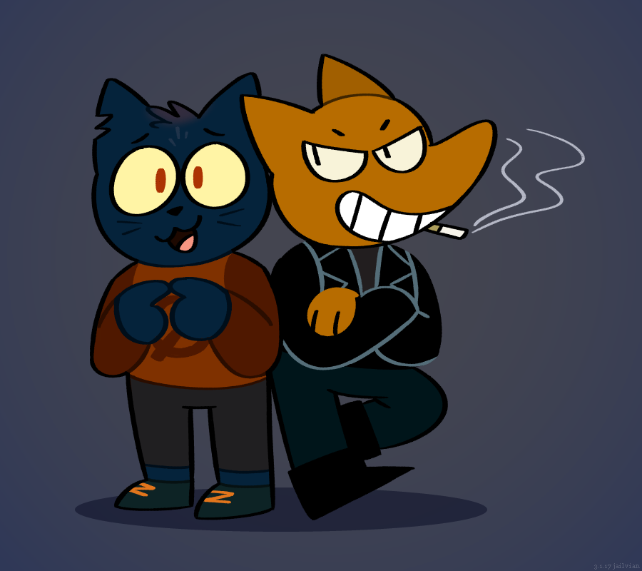 anthro canine cat cigarette crossed_arms feline female fox fur gregg_(nitw) grin jailvian looking_at_viewer mae_(nitw) male mammal night_in_the_woods open_mouth open_smile simple_background smile smoking teeth