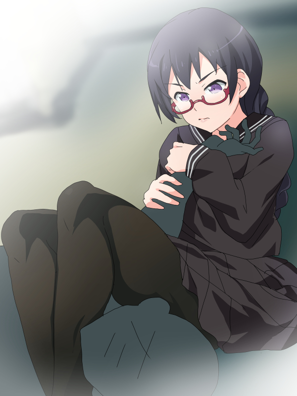 1girl armbar bad_id bad_pixiv_id black_hair black_legwear black_serafuku braid commentary_request demi-chan_wa_kataritai faceless faceless_male glasses locked_arms long_hair pantyhose poncho_s purple_eyes red-framed_eyewear satou_sakie school_uniform semi-rimless_eyewear serafuku under-rim_eyewear younger