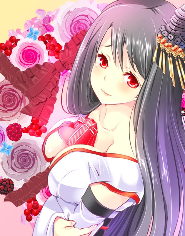bangs between_breasts black_hair blush box breast_hold breasts collarbone commentary_request cranberry crossed_arms detached_sleeves floral_background flower from_side fusou_(kantai_collection) gift gift_between_breasts gift_box hair_ornament japanese_clothes kantai_collection large_breasts long_hair long_sleeves looking_at_viewer looking_to_the_side maki_(seventh_heaven_maxion) miko pink_flower pink_rose purple_flower purple_rose red_eyes red_flower red_rose rose smile solo swept_bangs upper_body very_long_hair wide_sleeves