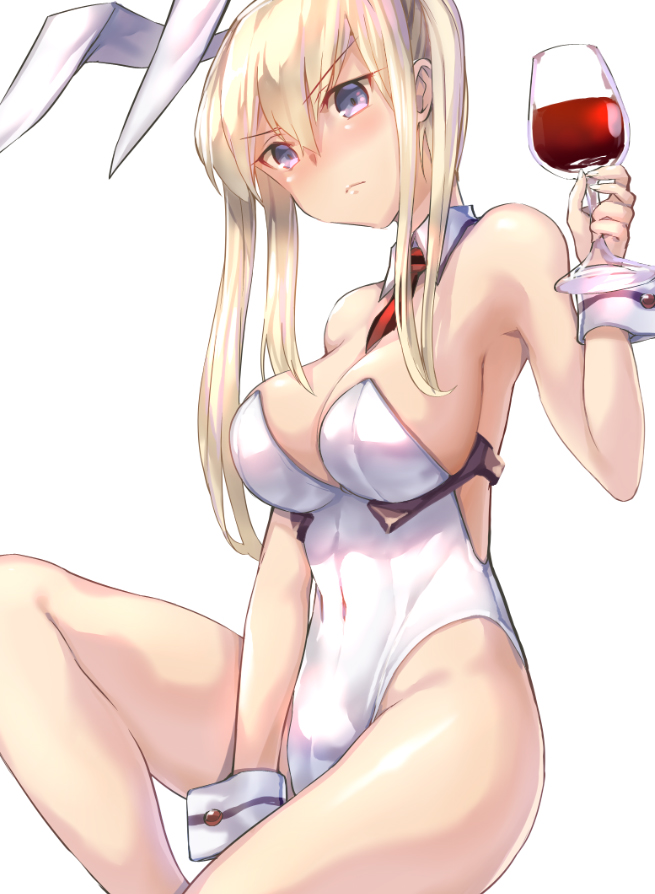 alcohol alternate_costume animal_ears armpits bare_legs bare_shoulders between_breasts blonde_hair blue_eyes bow bowtie breasts bunny_ears bunny_girl bunny_tail bunnysuit cleavage covered_navel cup detached_collar drinking_glass fake_animal_ears graf_zeppelin_(kantai_collection) hair_between_eyes holding holding_cup kantai_collection large_breasts leotard long_hair necktie necktie_between_breasts satou_daiji serious sidelocks sitting solo tail thighs tsurime twintails white_leotard wine wine_glass wrist_cuffs