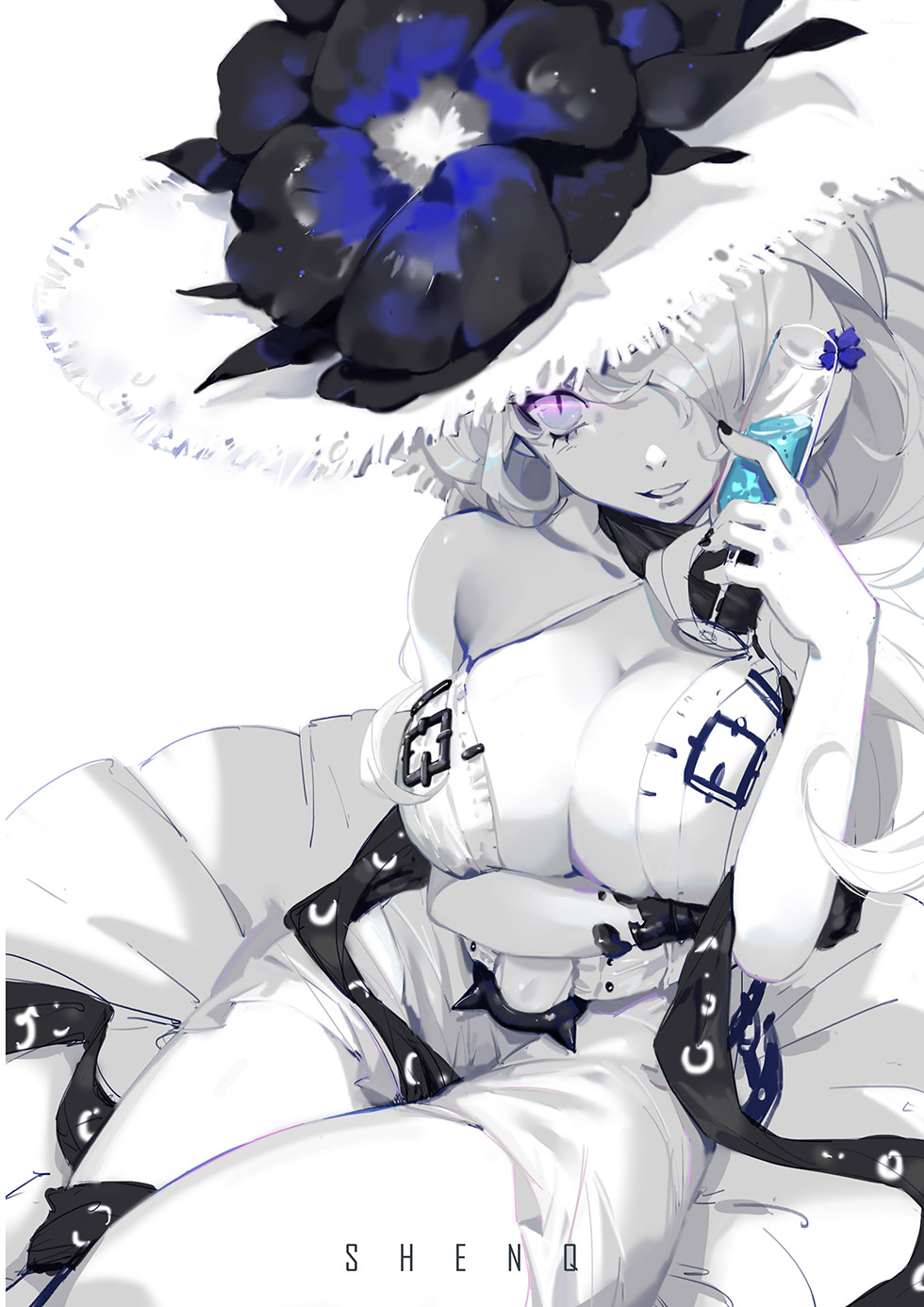 artist_name black_gloves blue_eyes breast_hold breasts cleavage dress flower glass gloves hair_over_one_eye hat hat_flower highres holding kantai_collection large_breasts long_hair looking_at_viewer parted_lips seaport_summer_hime shenq shinkaisei-kan simple_background slit_pupils smile solo sun_hat white_background white_dress white_hair white_hat white_skin