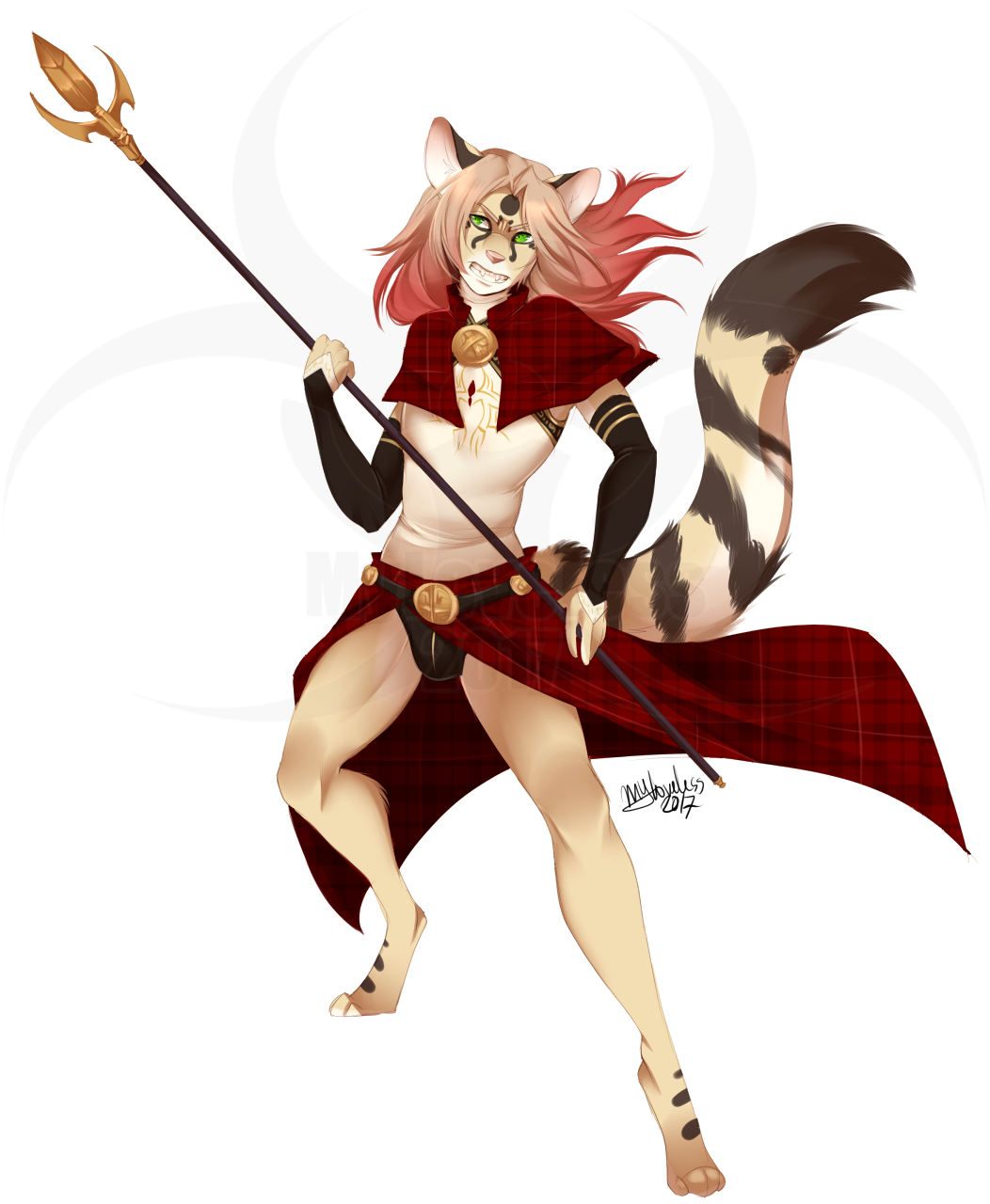 anthro clothed clothing feline fur hair male mammal melee_weapon myloveless polearm solo spear standing underwear watermark weapon