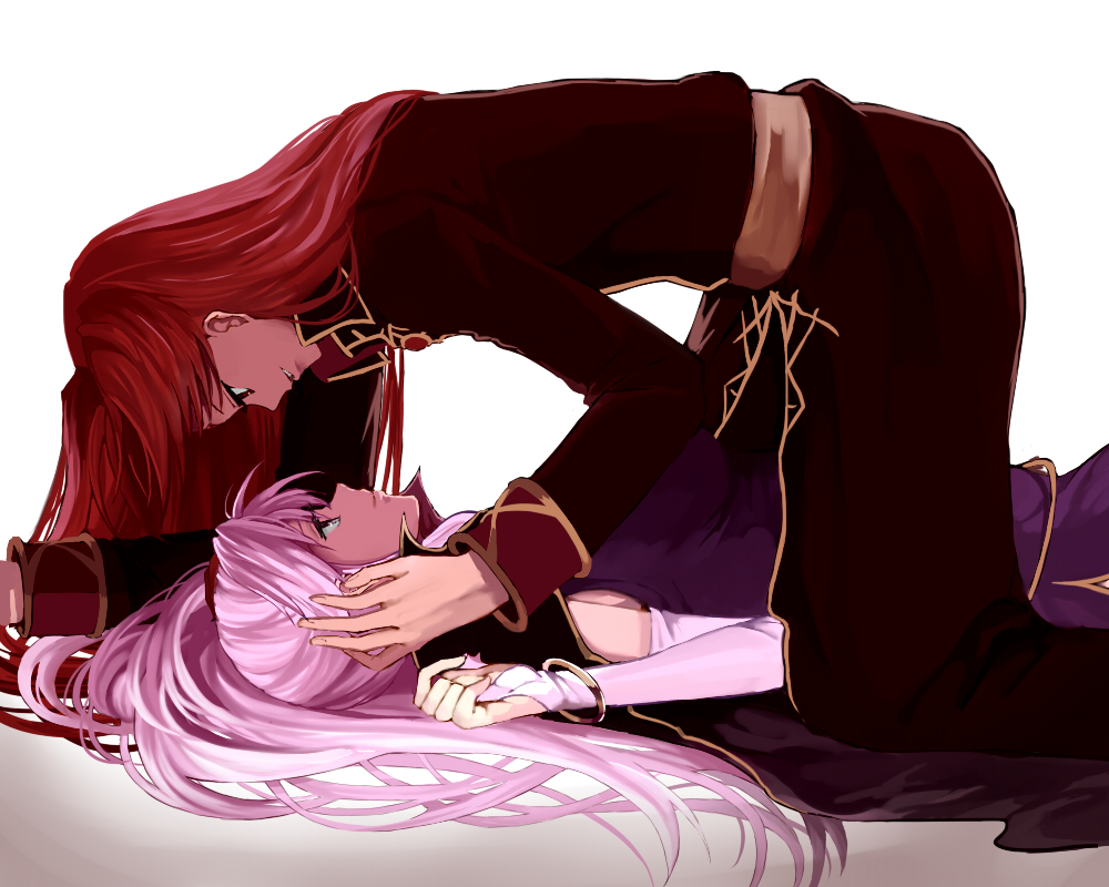 1girl bracelet delsaber dress elbow_gloves face-to-face fingerless_gloves fire_emblem fire_emblem:_seisen_no_keifu gloves grin hand_on_another's_head hetero ishtar_(fire_emblem) jewelry kneeling long_hair lying on_back pink_eyes pink_hair pinned red_eyes red_hair robe sash simple_background smile straddling white_background yurius_(fire_emblem)