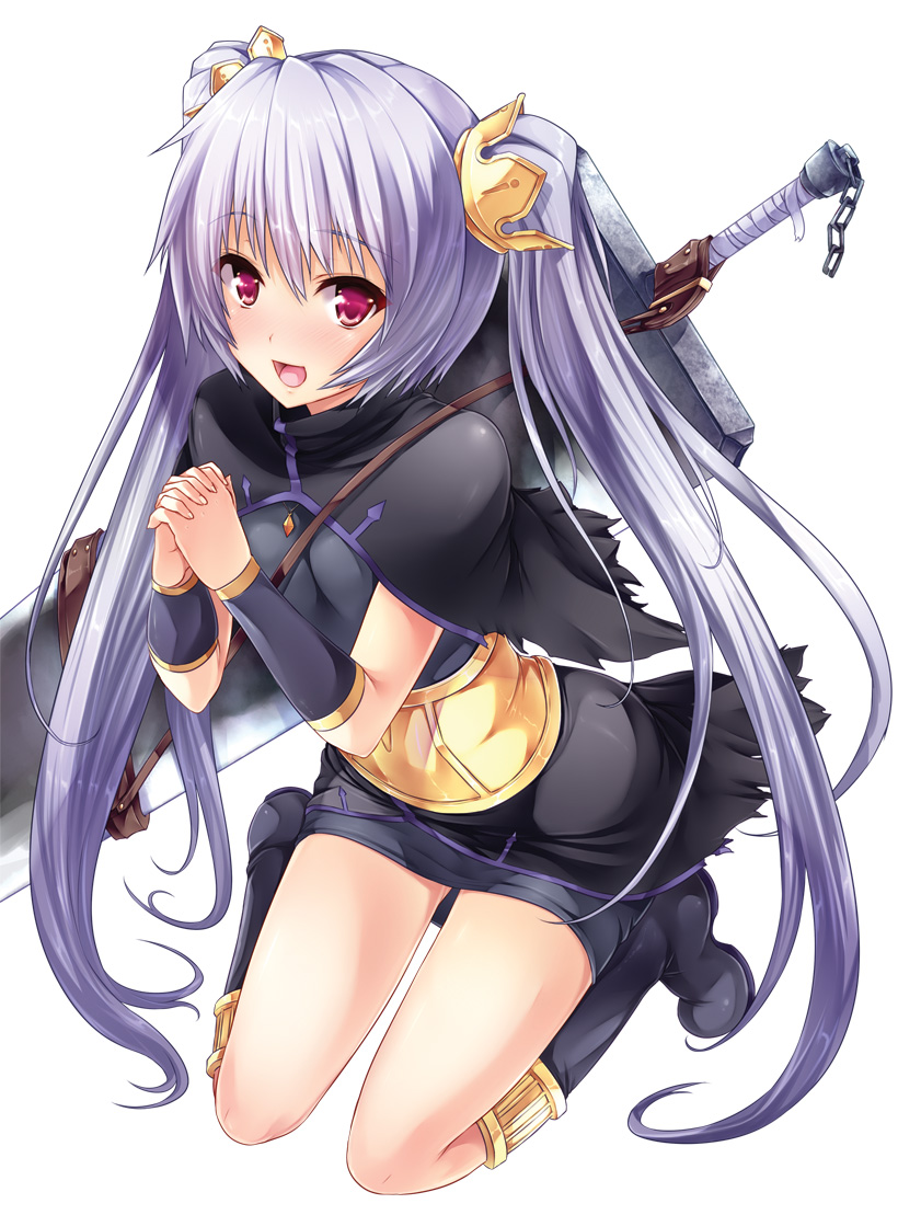 :d ass_visible_through_thighs bangs black_dress black_footwear blush boots breasts capelet crown dress full_body goban hair_ornament hands_clasped huge_weapon kayuu_(sangoku_hime) long_hair looking_at_viewer medium_breasts open_mouth own_hands_together purple_eyes purple_hair sangoku_hime sangoku_hime_3 short_dress smile solo sword two_side_up vambraces very_long_hair weapon weapon_on_back